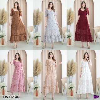 PP16146 Maxi dress ดีเทลแต่งย่น + มีซัปในทั้งชุด + มีซิปด้านหลัง + โบว์ผูกเอวปรับระดับได้