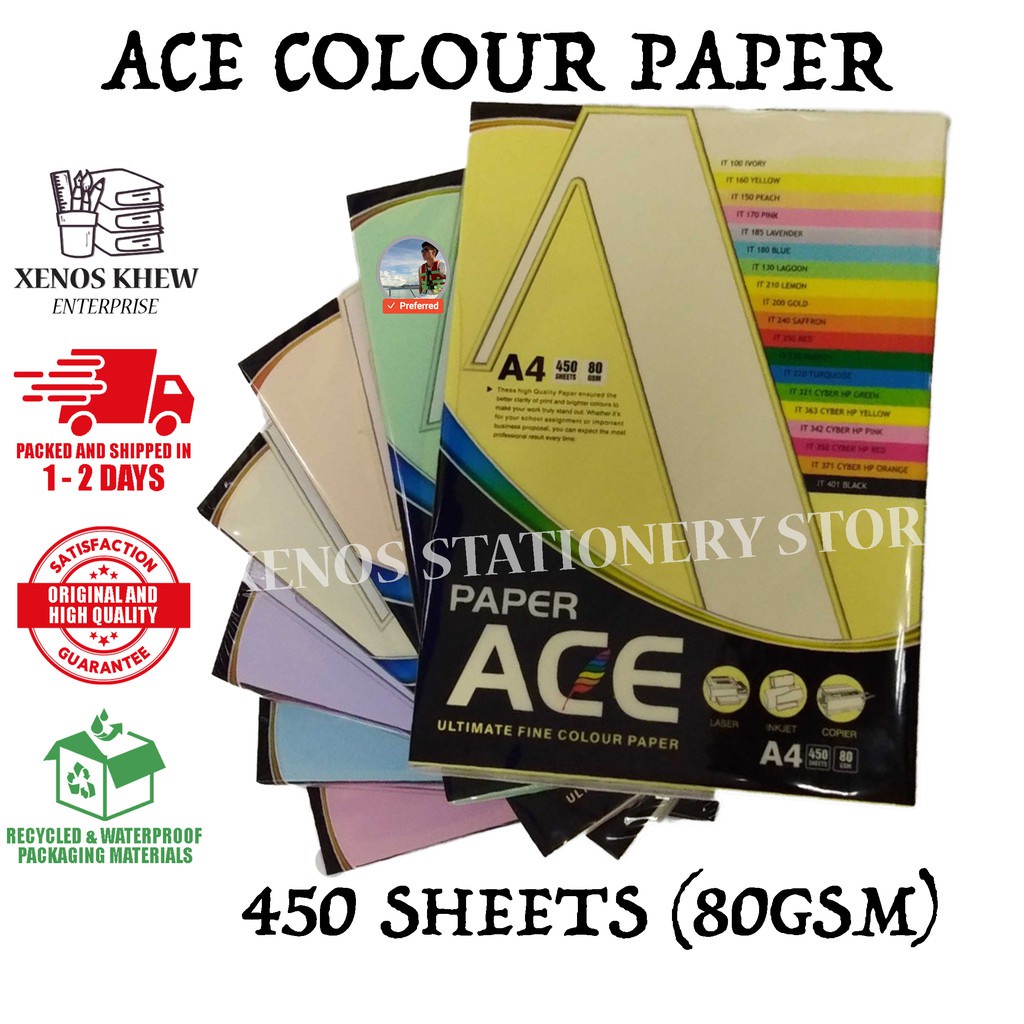 ACE A4 COLOUR PAPER 80GSM 450 แผ่น / A4 KERTAS WARNA 80GSM 450S