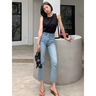 jean Girl 【ผ้ายืด】กางเกงยีนส์ทรงกระบอกเล็ก ผ้ายีนส์ยืด เอวสูง ปลายขาตัด รับประกันเนื้อผ้าอย่างดี