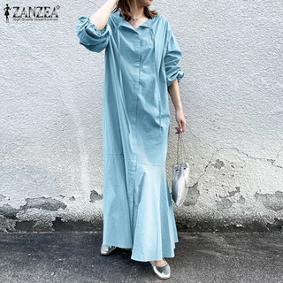 ZANZEA Women Solid Long Puff Sleeve Elastic Cuff V Neck Loose Long Dress