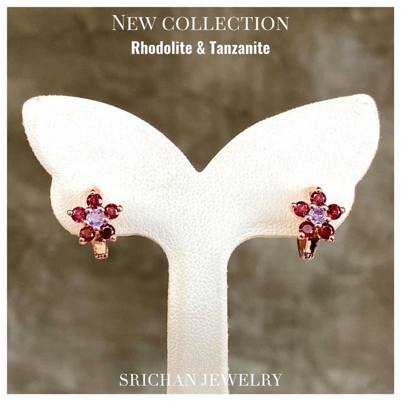 ต่างหูพลอยโรโดไลท์และแทนซาไนท์พลอยกลาง3มิล