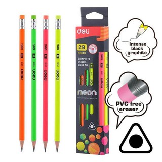 ดินสอ Deli U51800 Graphite Pencil ดินสอไม้ 2B ทรงสามเหลี่ยมนีออน บรรจุ 12แท่ง/กล่อง จำนวน 1กล่อง พร้อมส่ง