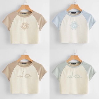 [𝗖𝗼𝗿𝗽 𝘁𝗼𝗽]เสื้อครอปพิมพ์ลาย 🌷เสื้อครอปพิมพ์ลายพระอาทิตย์ พิมพ์ลายไดโนเสาร์ ครอปสวยๆน่ารัก