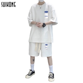 Suikone COD เสื้อยืด ฤดูร้อนผู้ชายชุดกีฬาใหม่หลวมวาฟเฟิลกางเกงขาสั้นลำลองแฟชั่นระบายอากาศแขนสั้นเสื้อยืด