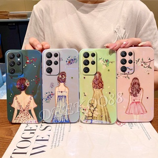 เคสโทรศัพท์ Samsung Galaxy S22 S21 Ultra S22+ S21+Plus 5G Phone Case Bling Girl Back view Glitter Casing Lovely Cartoon Soft Back Cover ซัมซุงS22 GalaxyS22Ultra