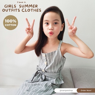 Hug Me เซ็ทเสื้อ+กางเกงลายขวางสำหรับเด็กหญิง  Kids Girls Summer Outfits Clothes Striped Top + Pants Set