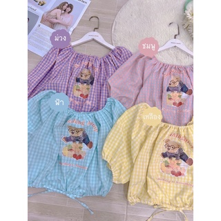 เสื้อครอปทรงเกาหลี รูดเอว จั้มแขน น่ารักๆ สกรีนน้องหมีผ้าลายสก๊อตสวยๆ