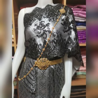 ชุดไทยสีเทา​ดำ​  (พัด+เรียบ+เลื่อมดำ)​