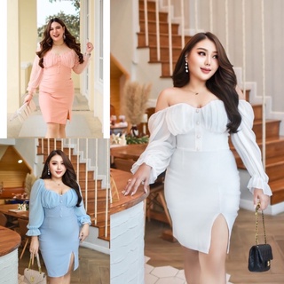 Janny เดรส เดรสสาวอวบ อ้วน Bigsize Plussize XXL ชุดออกงาน ชุดราตรี ผ้าสกินนี่ แขนชีฟองยาว กระดุม