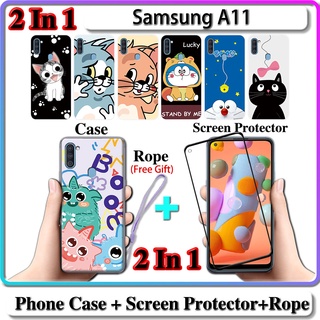 2 IN 1 เคส Samsung A11 เคส พร้อมกระจกนิรภัยโค้ง ป้องกันหน้าจอ เซรามิค แมว และโดราเอมอน