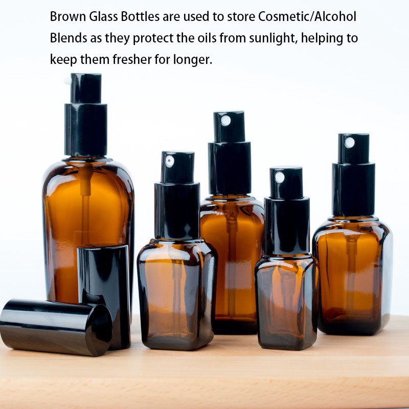 【Ready Stock】 Amber Square Glass Bottle with Spray/ Pump (Black Mist Spray Head) For Alcohol /Essential Oil / Cosmetics 10ml/20ml/30ml/50ml/100ml 酒精喷雾