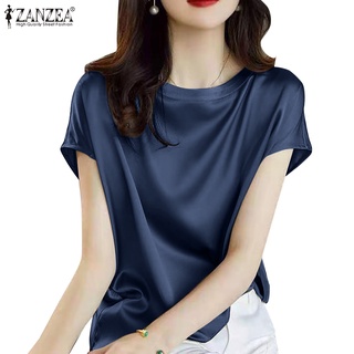 Zanzea ใหม่ เสื้อเบลาส์ คอกลม แขนสั้น สีพื้น สไตล์เกาหลี สําหรับผู้หญิง