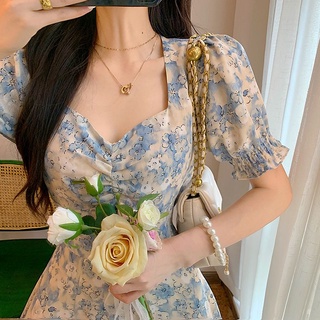 DRESS JUMBO -  ZLORE - (S-XXL) #DR34 Dress Bunga Wanita Model V Neck Motif Biru Muda