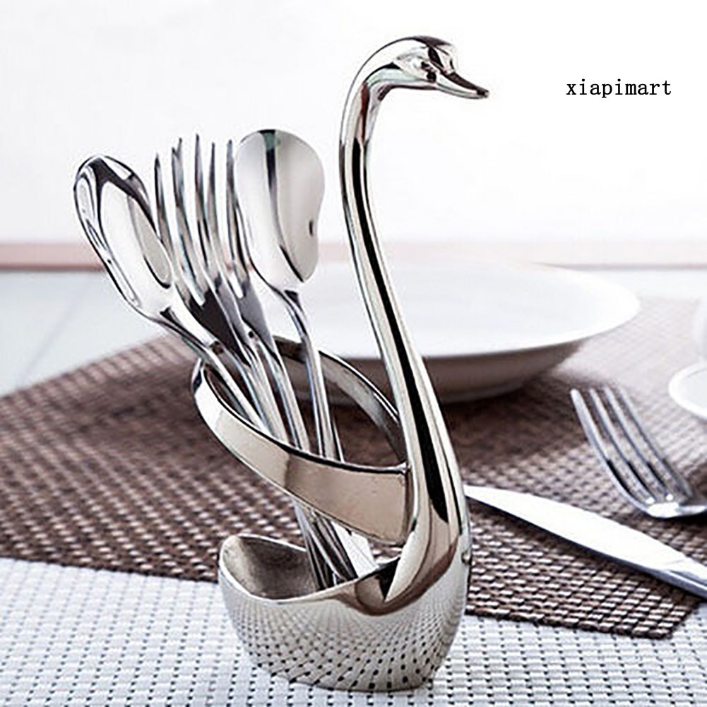 Ready Stockcreative Stainless Steel Fruit Food Fork Spoon Knife Cutlery Swan Base Holder