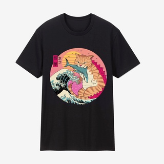 ผ้าฝ้ายคอกลมเสื้อยืด พิมพ์ลายคลื่นยักษ์ TT Neko Cat Eat Shark Great Wave Off Kanagawa สีขาวดํา สไตล์ญี่ปุ่น สําหรับผู้ชา