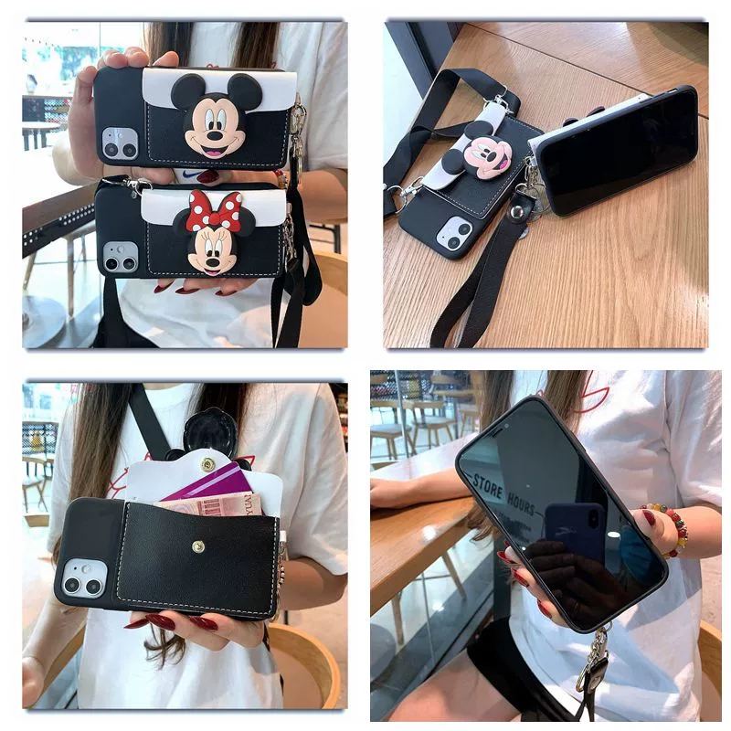 iphone เคสโทรศัพท์ลายการ์ตูนพร้อมสายคล้อง iPhone11 11pro 11proMAX iPhone12 12Mini 12pro 12proMAX Minnie Mickey Card Case Phone Case with Lanyard