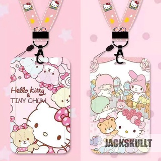 ที่ใส่บัตร Hello Kitty สุดน่ารักคล้องคอห้อยบัตรประชาชนที่ใส่บัตรรถรับส่งนักเรียนอนุบาล hello kitty card holder Wear a halter lanyard card holders
