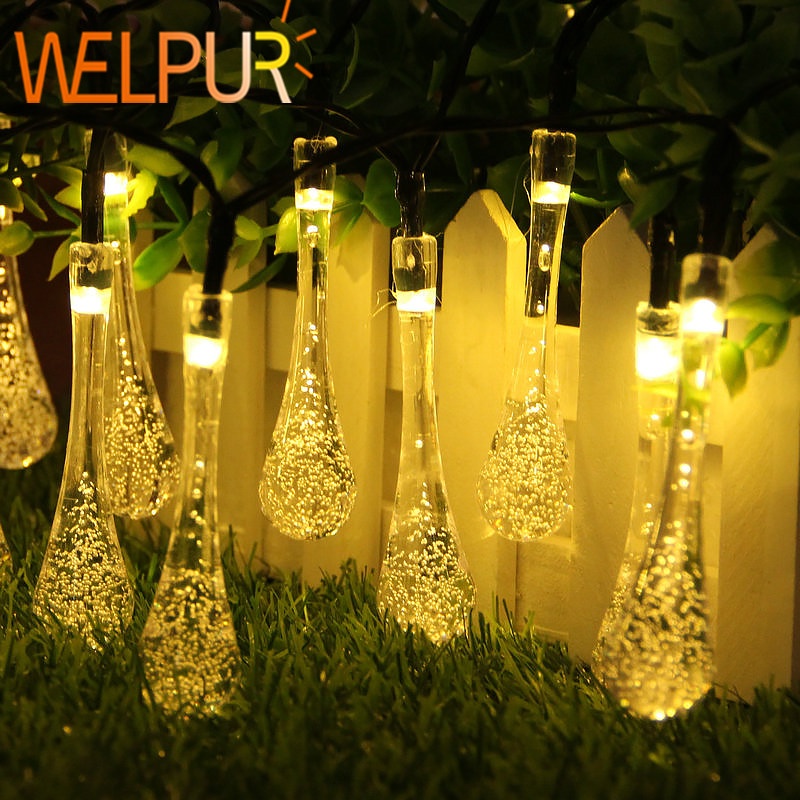 สายไฟ Led 5M20Leds 7M50Leds รูปหยดน้ําพลังงานแสงอาทิตย์สําหรับตกแต่งสวนปาร์ตี้วันเกิด