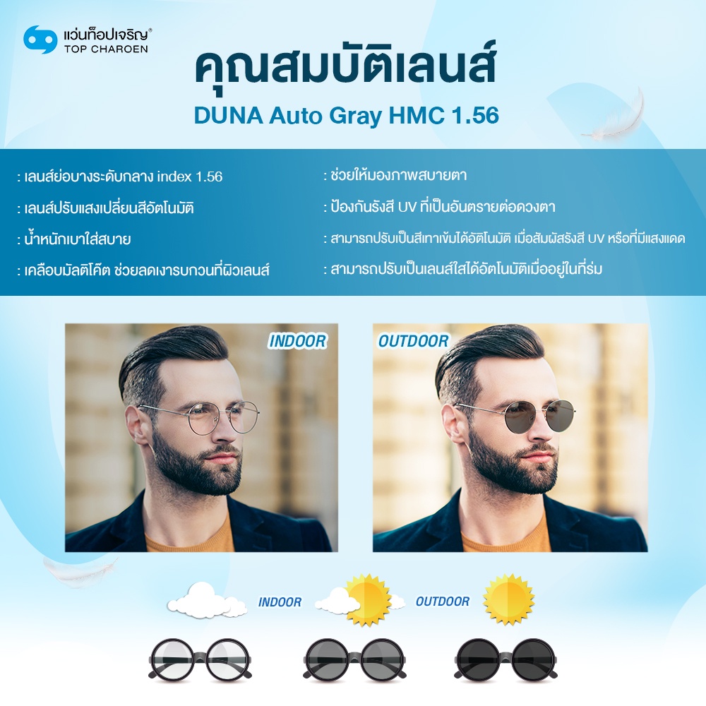DUNA เลนส์แว่นตาดูน่า HMC เลนส์มัลติโค๊ต/เลนส์กรองแสงสีฟ้า/AutoGray HMC เลนส์เปลี่ยนสีอัตโนมัติ (แจ้งค่าสายตาทางช่องแชท)