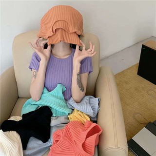 Best clothes (พร้อมส่ง/ใหม่) รุ่น#002-1 ​เสื้อครอป คอกลมแขนสั้น ไหมพรมสีพื้นสไตล์เกาหลี