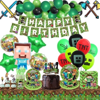 ธีม Minecraft อุปกรณ์ปาร์ตี้ ลูกโป่ง Steve Happy Birthday Encanto แบนเนอร์ ปาร์ตี้บนโต๊ะอาหาร จานกระดาษ ถ้วยกระดาษ Lootbags เค้กตกแต่ง Topper ลูกโป่งสีเขียวโซ่เด็กปาร์ตี้ De