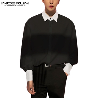 INCERUN Mens Casual Long Sleeve Simple Patchwork Color Lapel Loose Shirts