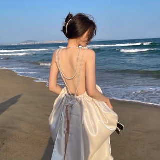 เดรสเปิดหลัง ประดับโบว์และไข่มุก หรูหรา น่ารัก เดินชายหาดสวยๆๆคะ