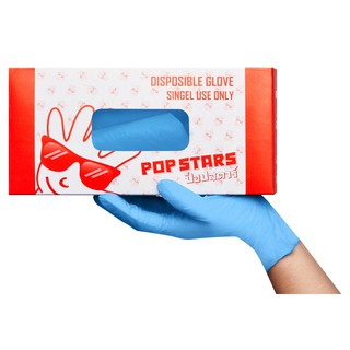 ถุงมือป็อปสตาร์ ไนไตรสีฟ้าแบบกล่อง 100ชิ้น(50คู่)