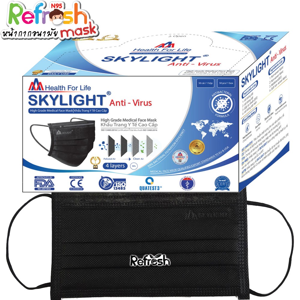 Skylight ดำ (ดำ 2 ด้าน) หน้ากากอนามัย 4 ชั้น เกรดโรงพยาบาล ป้องกันฝุ่น PM 2.5 หน้ากากอนามัยทางการแพ