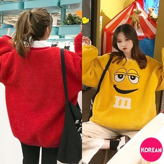 🎀Korean Fashion🎀เสื้อกันหนาว ปักลาย m&amp;m ผ้าสำลีหนานุ่ม ทรงโอเวอร์ไซส์ 2สี