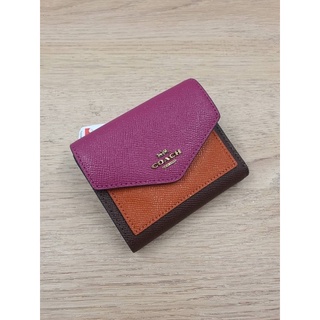 (ผ่อน0%) กระเป๋าสตางค์ หนังแท้. 3 พับ สีชมพูอมม่วง ส้ม น้ำตาล COACH 12123 SMALL WALLET IN COLORBLOCK