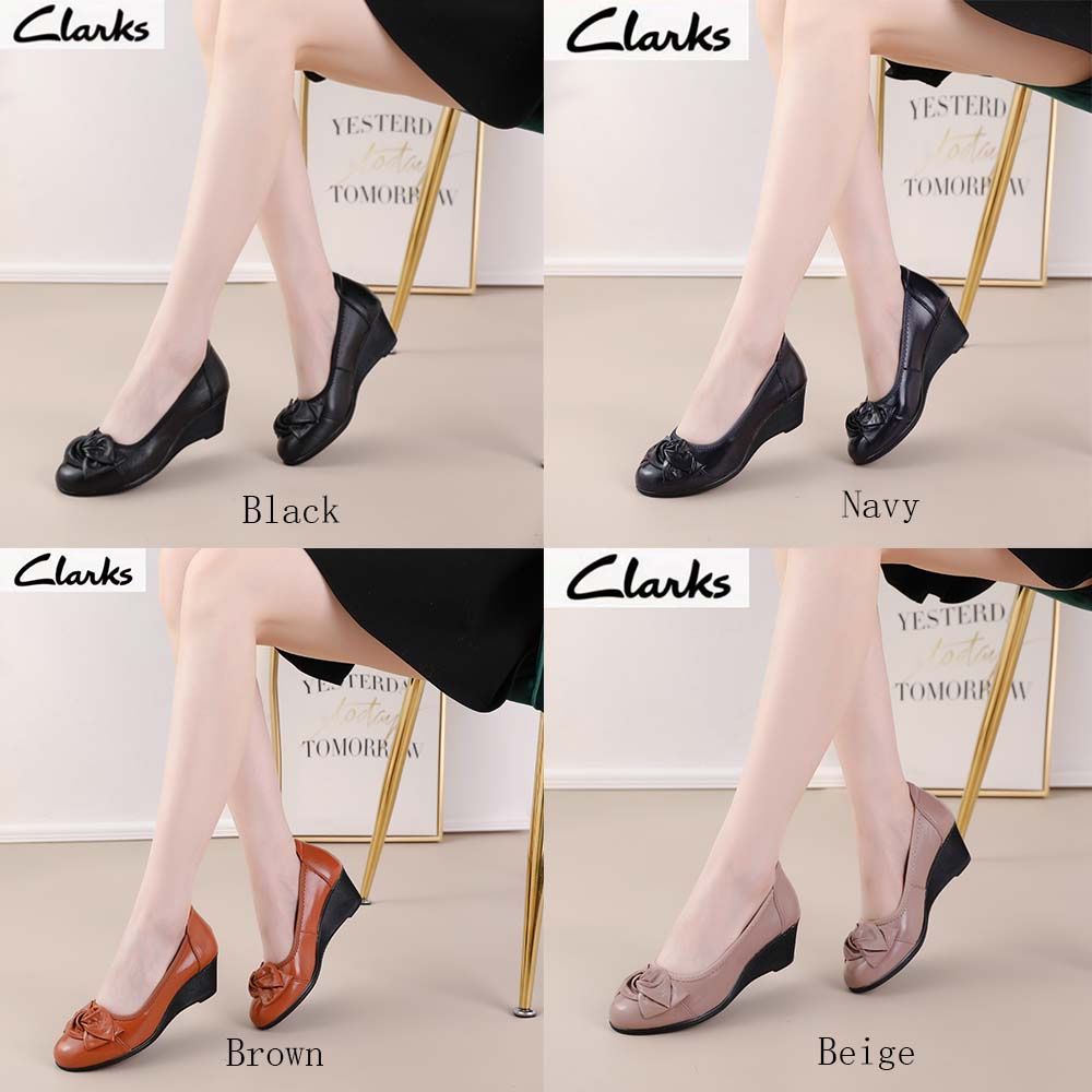 Clarks ใหม่ริบบิ้นรองเท้าผู้หญิง/Clarks Flats ผู้หญิง Clarks จัสมินรองเท้าหนังแท้/ส้นสูง 5 ซม.