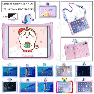 For Samsung Galaxy Tab A7 Lite 8.7 2021 SM-T220 T225 Cute 3D Cartoon Pattern Case Unicorn Soft Silicone Shoulder Strap Stand Cover