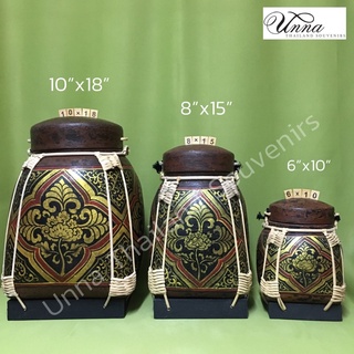 กระติบล้านนา เพ้นท์ลายพรีเมียม มูนฟลาวเวอร์ Lanna kratip bamboo jar premium pattern brown &amp; gold color 10”