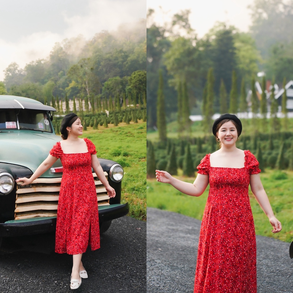 ( อกถึง 46") Red Flower Pretty เดรสสาวอวบ ชุดสาวอวบ