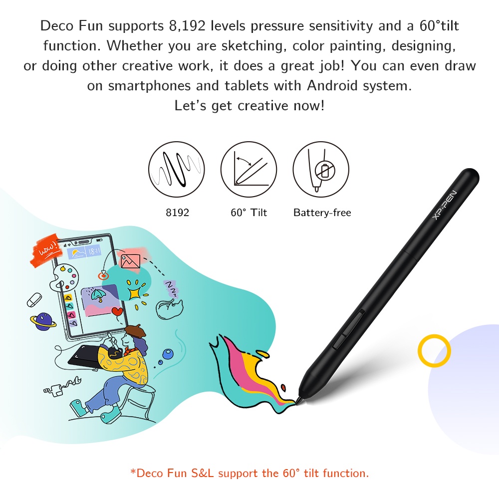 Xppen Deco Fun แท็บเล็ตวาดภาพกราฟฟิค รองรับ Android ปากกาโทรศัพท์ แท็บเล็ต แท็บเล็ตวาดภาพดิจิทัล สําหรับการเรียนออนไลน์ พร้อมสี่สีที่สวยงาม และสไตลัส ไร้แบตเตอรี่ (8192 ระดับ