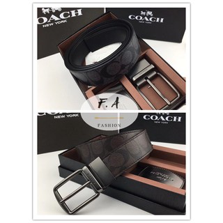 F.A (ของแท้ 100%) COACH 64839 เข็มขัดผู้ชายรุ่นใหม่ / พิมพ์โลโก้ C / เข็มขัดสองด้าน / หัวเข็มขัดคู่ / ลำลองและใจกว้าง