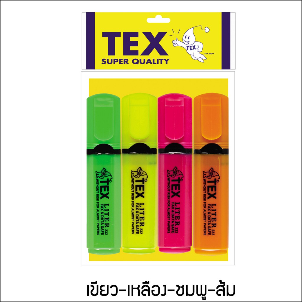TEX LITER ปากกาไฮไลท์สีสะท้อนแสง แพ็ค 4 ด้าม (มีให้เลือก 7 สี)