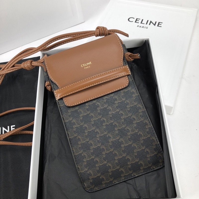 NEW CELINE PHONE POUCH WITH FLAP IN TRIOMPHE CANVAS AND LAMBSKIN