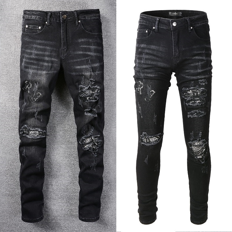 36 พร้อมส่ง Amiri Ripped black knife cut and leather slim jeans