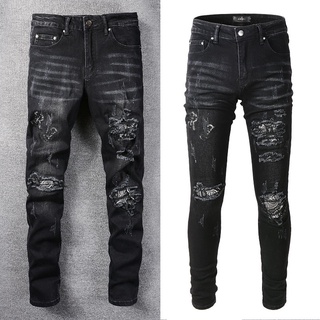 33 พร้อมส่ง Amiri Ripped black knife cut and leather slim jeans