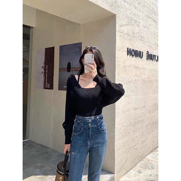 ส่งทันที Cici(NO. 868-1)เสื้อไหมพรมแขนยาว สายเดี่ยวด้านในเบาๆ เย็บติดกัน - รูปที่ 6