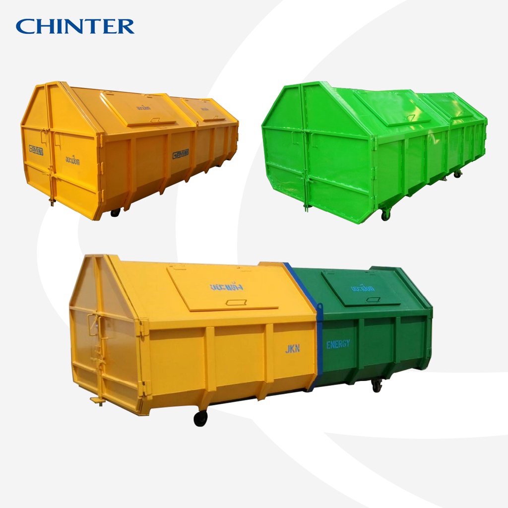 CHINTER  SG5ถังพักขยะเหล็กขนาดบรรจุ5000ลิตรมีล้อ4ล้อ มีสีเหลือง,สีเขียว,สีเขียว+สีเหลืองสกรีนชื่อหน่