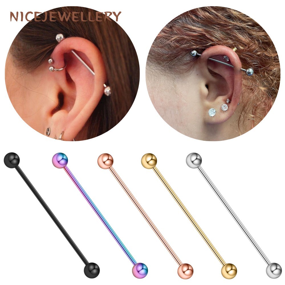 1 ชิ้น Double Ball Barbell เจาะ 14G สแตนเลสสตั๊ดต่างหู Gothic อุตสาหกรรม Barbell เจาะ