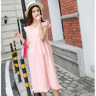 ชุดคลุมท้อง แขนสั้น Sleeveless Linen Plain Maternity Dress