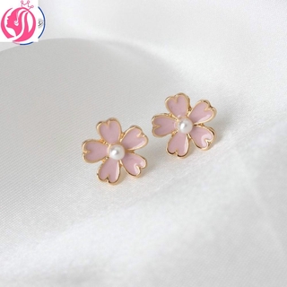 เครื่องประดับแฟชั่นผู้หญิงต่างหูมุกดอกไม้สีชมพูขนาดเล็ก