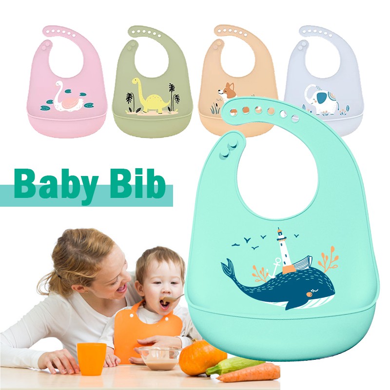 ผ้ากันเปื้อนเด็ก ปรับได้ 6 ระดับ มีถาดรองเศษอาหาร ซิลิโคน