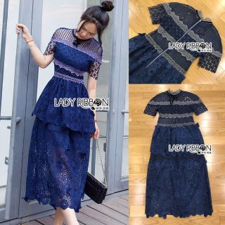 Lady Ribbons Made 🎀 Lady Kimberley Flower Embroidered Dark Blue Lace Long Dress