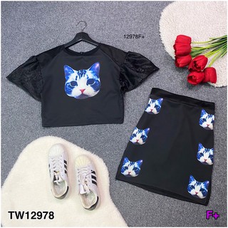 J12978 Set เสื้อครอป แขนแต่งผ้าแก้วซีทรู + กระโปรงสั้น สกรีนรูปแมว