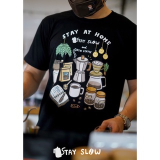 เสื้อยืดผ้าฝ้ายพิมพ์ลายขายดีBlack T-shirt "Stay Slow and Brew Coffee" เสื้อยืด คุณภาพ สีดำ  ลายดริปกาแฟ Premium cotton10